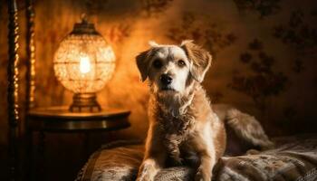 fofa cachorro sentado dentro de casa, olhando às Câmera gerado de ai foto