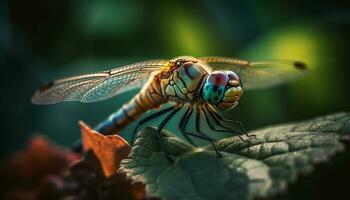 libélula em repouso em vibrante outono ramo padronizar gerado de ai foto