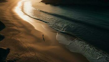 silhueta caminhando em água Beira às pôr do sol gerado de ai foto