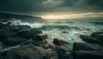 quebra ondas batida contra rochoso litoral às crepúsculo gerado de ai foto