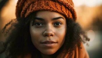 jovem mulher sorridente, confiante dentro natureza elegância gerado de ai foto