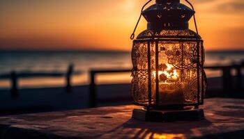 brilhando lanterna ilumina tranquilo pôr do sol em litoral gerado de ai foto