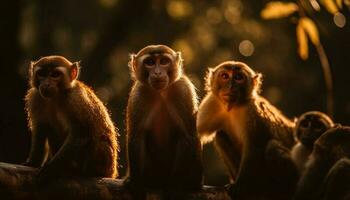 macaque família sentado dentro tropical floresta tropical pôr do sol gerado de ai foto