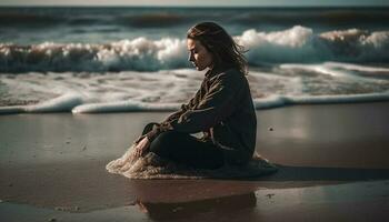 jovem mulher sentado sozinho em arenoso de praia gerado de ai foto