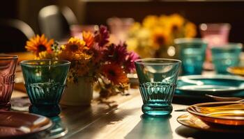 de madeira mesa com vaso, beber e decoração gerado de ai foto