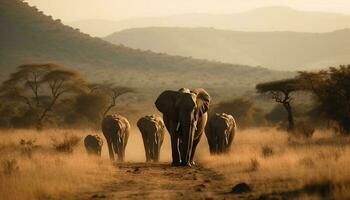 africano elefante rebanho pastar às nascer do sol em savana gerado de ai foto