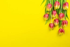 vermelho tulipas flores em amarelo fundo. dia dos namorados, mulheres, mães dia, páscoa, aniversário, Casamento ou Primavera feriados plano deitar. topo visualizar. cópia de espaço. foto