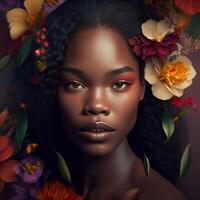 ai gerado retrato do africano americano mulher com flores dentro cabelo foto