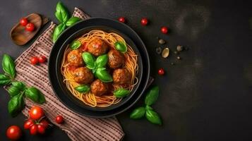 topo Visão do lindo delicioso tomate espaguete com cópia de espaço, famoso italiano prato. generativo ai foto
