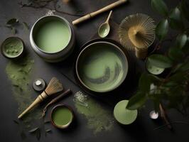 orgânico matcha verde chá cerimônia em mesa. generativo ai foto