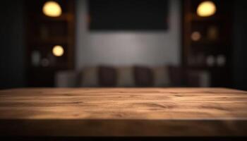 esvaziar de madeira mesa dentro Sombrio à moda vivo quarto com borrado fundo. generativo ai foto