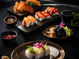 Sushi conjunto em uma Preto fundo. japonês Comida restaurante cardápio. generativo ai foto