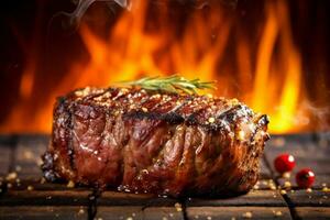 Comida carne grade Sombrio vermelho cru bife carne frito fundo de madeira. generativo ai. foto