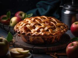 caseiro maçã torta em de madeira fundo. generativo ai foto