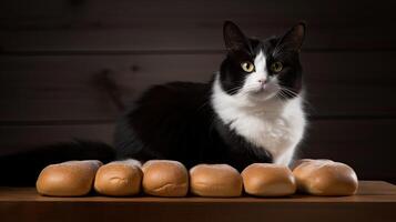 Preto e branco gato sentado dentro uma pão posição com pães do pão, ai gerado foto