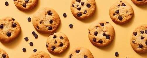 chocolate lasca biscoitos em uma pastel amarelo fundo, ai gerado foto