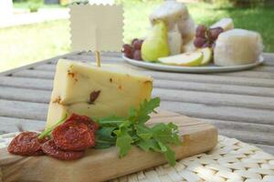 italiano ovelha queijo - pecorino com rúcula e seco ao sol tomates foto