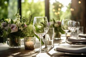 romântico mesa configuração com velas e flores foto