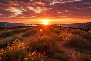 lindo pôr do sol sobre solar Fazenda com pôr do sol dentro a fundo ai gerado foto