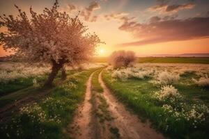 lindo Primavera panorama com florescendo cereja árvores e estrada às pôr do sol ai gerado foto