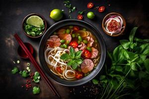 vegetal ásia Comida fundo macarrão sopa quente japonês refeição tigela fresco. generativo ai. foto