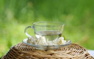 jasmim chá e jasmim verde chá isto é uma chá receita este usa puro jasmim flores e uma mistura do jasmim flores e verde chá para realçar a aroma beber e Boa para saúde foto
