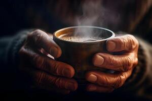 do homem mãos segurando uma copo do quente café em uma Sombrio fundo. generativo ai ilustração. foto