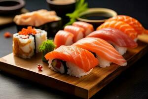 refeição lista conjunto Japão frutos do mar Comida peixe Sushi arroz japonês. generativo ai. foto