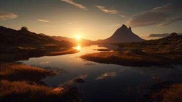 uma pôr do sol sobre uma montanha com uma calma lago dentro frente ai gerado foto