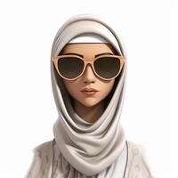 expressivo 3d cabeça do à moda muçulmano fêmea com oculos de sol em uma branco fundo criada ai gerado foto