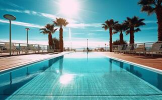 piscina ampla casa água azul relaxamento natação Palma verão luxo. generativo ai. foto