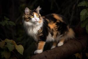 ai generativo tricolor gato sentado em uma ramo dentro a jardim às noite foto