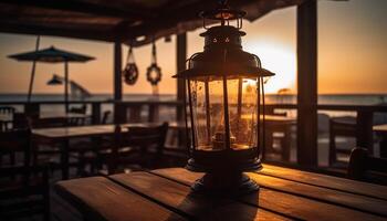 rústico lanterna ilumina mesa às crepúsculo ao ar livre gerado de ai foto