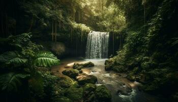 tranquilo cena do fluindo água dentro tropical floresta gerado de ai foto