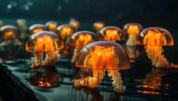 brilhando cnidário tentáculos círculo venenoso embaixo da agua peixe gerado de ai foto