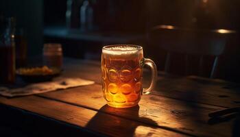 espumoso Cerveja dentro ouro vidro em de madeira mesa gerado de ai foto