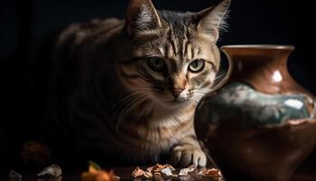 fofa gatinho sentado em mesa, jogando com louça gerado de ai foto