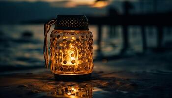 brilhando luz de velas ilumina tranquilo beira-mar celebração gerado de ai foto