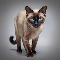 uma fofa e lindo siamês gato com curioso azul olhos caminhando em a chão. adorável retrato do a doméstico animal isolado em cinzento fundo. adorável felino animal. imagem de ai gerado. foto