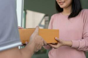 feliz sorridente mulher recebe caixas parcela a partir de correio dentro frente casa. Entrega homem mandar entregar expressar. conectados compras, papel containers, remover, carteiro, Entrega serviço, pacotes foto