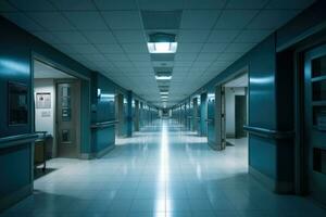 esvaziar hospital corredor noite Visão fotografia ai gerado foto