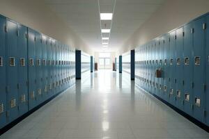 esvaziar escola corredores preenchidas com armários ai gerado foto