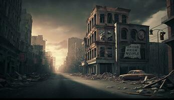 velho arranha-céu teares sobre Sombrio abandonado cidade gerado de ai foto