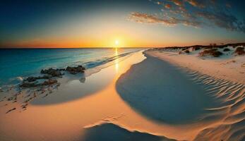 pôr do sol em uma tranquilo de praia laranja horizonte linha gerado de ai foto