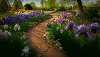 natureza florescendo com primavera beleza dentro roxa tulipas gerado de ai foto