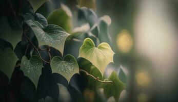 verde árvore ramo com orvalho gotas dentro luz solar gerado de ai foto