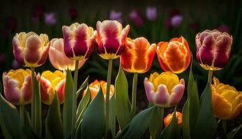 tulipa flor cabeça dentro multi colori beleza ao ar livre gerado de ai foto