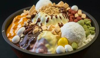 gourmet sobremesa com chocolate, açoitado creme, e amêndoas , generativo ai foto