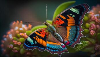 multi colori borboleta em amarelo flor, fechar acima beleza , generativo ai foto