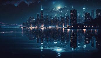 noite paisagem urbana com arranha-céus refletido em água , generativo ai foto